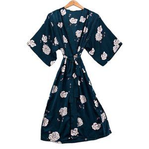 Monteau Womens Robe Kimono Sz M Blue Floral Tie Waist Satin Lightweight Midi